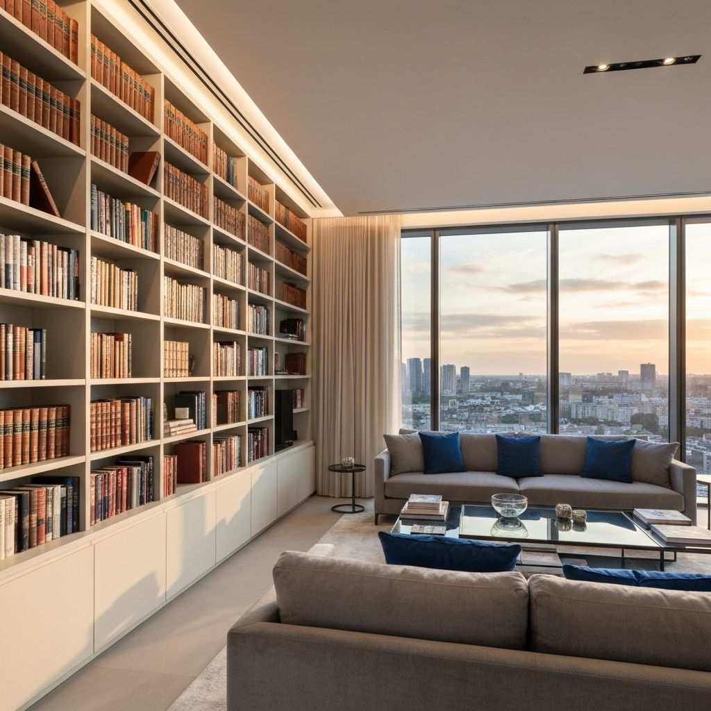 Salon moderne avec bibliothèque